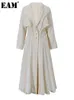 Robes décontractées basiques EAM femmes Beige plissé lin longue robe élégante revers cou manches longues coupe ample mode printemps automne 3W6617 230705