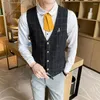 Kamizelki męskie jednorzędowy garnitur w kratę kamizelka dla mężczyzn wesele metalowa broszka Slim Fit kamizelka Homme Business Office kamizelka odzież męska