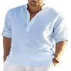 2023 Camisas Casuais Masculinas de Linho Manga Longa Camiseta Solta Moletom Cor Sólida Manga Longa Camisa de Linho de Algodão Homem Tamanho Grande