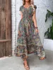 Vestidos casuais estampa vintage vestido longo feminino verão decote em V manga curta elegante cintura elástica linha A maxi para 2023