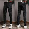 Painted Damage Jeans Man Distressed Patches Skinny Fit Svart Vintage Biker Fit Denim2022