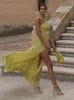 Casual Kleider Halter Grün Backless Split Gewebtes Kleid Frauen Sommer Hohe Taille Bodenlangen Kleid Elegante Urlaub Bankett Maxi Vestidos