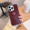 Designer Faux Crocodile Leather Cell Phone Cases for Apple iPhone 14 13 12 Mini 11 Pro Max 6 7 8 Plus Luxury PU Leather Full-body Mobile Cell Back Covers Fundas Burgundy