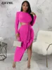 Casual Dresses Waist Band Cut Out Body-shaping For Women Long Sleeve Side High Split Cocktail Dress Simple Draped Front Bodycon