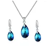Necklace Earrings Set Original Colorful Blue Crystals From Austria Silver Color Pear-Shaped Pendant Dangle For Women