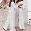 Women's Two Piece Pants Shirt SetCasual Pleated Top High Waist Wide Leg Suit 2023 Elegant Female Outfits