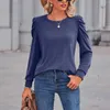 Camicette da donna a maniche lunghe con scollo a U plissettato Top gonfio sciolto casual tinta unita T-shirt 3x donne