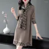Casual Dresses Scarf Collar Mid-Length Sweater Skirt Oversized Knitted Women Dress Autumn Winter Long Sleeve Lady Pullover
