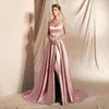 Party Dresses Classic Satin Spaghetti Straps V-Neck Formal Evening Sexy Backless High Slit Court Train Prom Gown Vestidos