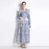 Casual Jurken High Class Blauwe Kleur Bloemen Gedrukt Rechter Stijl Vrouwen Elegante V-hals Trendy Cascading Ruches Taille Party Robe