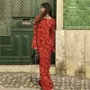 Robes décontractées SKMY Rouge Rose Floral Imprimé En Mousseline De Soie À Manches Longues D'été Maxi Robe Mince Taille Haute Col Rond Moulante Vêtements Pour Femmes