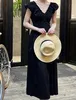 French Waist Waist Open Back V-Neck Dress Women's Elegant and Elegant Sleeveless Pleated Long Dress 9979