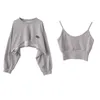 Damen Hoodies Sweatshirts Mode Asymmetrische Cropped Camis Sweatshirt 2 Stück Lässig Feste Langarm Weibliche Pullover Chic Tops 230705