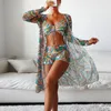 Damen Bademode 2023sexy 3-teiliges Bikini-Set Cover Up Langarm Coverup Tropical Print Brasilianischer Strand-Badeanzug