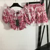 Vintage Print Cropped Top Skirts Two Piece Women Slash Neck T Shirts High Waist Short Dress Casual Suits300A