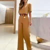 Femmes deux pièces pantalons été longs ensembles femmes 2 tenues 2023 vacances col rond solide culture hauts décontracté couleur large jambe costumes