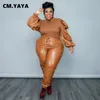 Calças femininas tamanho grande CMYAYAYA conjunto elegante PU puff manga longa remendo suéter e calça terno atlético duas peças 230705