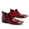 Inverno britânico de couro genuíno tornozelo para homens Red Snake Skin Square Toe Metal Boots Militar Motorcycle Dress Party Man