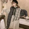 Casual Kleider 2023 Frühling Mode Süße Mini Frauen Hemd Kleid Lolita Stil Baumwolle Langarm Bogen Button Up Drehen Unten kragen Plaid Frau