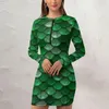 Sıradan Elbiseler Yeşil Denizkızı Ölçekleri Bodycon Elbise Kadın Metalik Renkli Kawaii Tatil Uzun Kollu Sokak Giyim Baskı Büyük Boyut