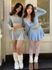 Work Dresses Street Y2K Buttons O Neck Knitted Long Sleeve Pullover Cropped Sweater Retro Women Roll Up Low Waist Mini Skirt 2 Pieces 1 Set