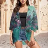 Damenblusen, Damen-Blumendruck, Puffärmel, Kimono-Cardigan, lockere Überdeckung, lässige Streetwear, übergroße Arbeitskleidung, Blusas, koreanische Mode