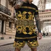 Men's Tracksuits Summer Suit Gold Pattern Print T Shirt Shorts 2 Piece Set Clothing Matching Sets Casual Clothes Tees Oversized