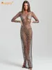 Abiti casual Modphy Women Sexy See Through Shiny Luxury Crystal Diamond Mesh Bodycon strass Abito lungo Nightclub Festeggia la festa