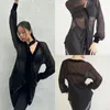Stage Wear Black Mesh Latin Dance Cardigan Women Long Sleeves Shirts Practice Clothing Loose Rumba See Through Dress DNV18081