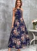 Casual Dresses Summer Floral Long For Women Sexy Sleeveless Lace-up Slit Holiday Beach Dress Elegant Black In 2023