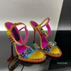 Designer 2023 sandálias luxuosas femininas cor do arco-íris brilhante cristal salto alto moda verão strass sapatos de casamento