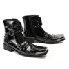 Style 6286 British Genuine Leather Black Ankle Boots For Square Steel Toe Buckle Military Studded Botas Punk Shoes Men