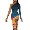 Casual Dresses Desert Sun Maxi Dress One Shoulder Abstract Art Print Elegant Bodycon Autumn Aesthetic Long Female Vestidos