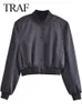 Women's Leather Faux Leather TRAF Female Casual Long Sleeves Single Breasted With Pockets Crop Outfits Women Fashion O-Neck Satin Bomber Jacket 230705