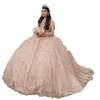 2023 Ball Gown Quinceanera Dresses Bridal Gowns Blush Pink Sparkly Rose Gold Sequined Illusion Corset Hollow Back Sequins Long Sleeves Sweet 16 Dress With Flowers