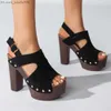 Dress Shoes Women's Platform Sandals Riveted Thick High Heel Sandals Soft Leather Pocket Feet Shoes Open Toes Women's Sandals 12cm PU Wood Green Z230712