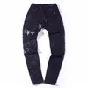 FALECTION MENS 21SS AMIMIKE JEANS DISTRESSED black LEATHER STARS PATCH RIPPED DENIM pants290f