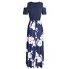 Fritidsklänningar Kvinnors kalla axelfickor Blommönster Elegant Maxi kortärmad klänning Högtidligt tillfälle Kväll Lös