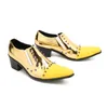 Handmade Rivets Men's Pointed Toe Leather Dress Shoes Slip on Gold Oxfords for Men Partry/Wedding EU38-47