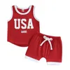 Jerseys 20230308 Lioraitiin 03years Toddler Boy 2Pcs Summer Outfit Sets Sleeveless O Neck USA Letter Print Vest Red Drawstring Shorts 230705