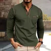 T-shirt da uomo colletto alla coreana bottoni scollo camicia top patchwork colore manica lunga tasca applicata slim fit casual pullover comodo