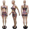 Abiti casual Sexy Halter Backless Bodycon Mini abito Donna Clubwear Stampa floreale Coulisse Increspato Summer Vacation Beach Party