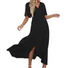 Casual Jurken Korte Mouwen V-hals Slit Slanke Jurk Effen Hoge Taille Tuniek Zomer Qutfits 2023 Sexy Vrouwelijke