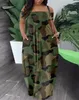 Vestidos casuais femininos 2023 verão moda camuflagem impressão fora do ombro manga curta design de bolso vestido maxi férias diárias