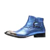 Chaussures hautes de qualité authentiques Bottes de cheville en cuir pour hommes Blue Snake Skin Steel Toe Backle Man Robe Flats Bota Masculina B