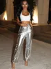 Damenhosen, Caprihosen, Damen-PU-Hosen mit geradem Bein in Metallic-Optik, sexy ZA, glitzernde Hose mit hoher Taille, Streetwear, Clubwear, kommt im Frühling und Herbst 2023 J230705