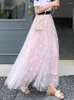 Skirts SURMIITRO Women Maxi Tulle Skirt 2023 Summer Korean Sweet Beach Holiday Floral Print A Line High Waist Long Mesh Female