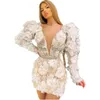 Abiti da cocktail party con scollo a V con scollo a V per le donne Fiori fatti a mano 3D Pizzo Maniche lunghe gonfie sexy Arabo Aso Ebi Abiti da ballo corti Mini guaina Abbigliamento da club CL2534