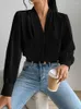 Damesblouses Dames Solide bisschopsmouwenblouse Lange herfst Lente V-hals Top Elegante badjas Kraag Zwart Geplooid Zakelijk Formeel