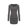 Casual Dresses Women Summer Long Sleeve Split Ribbed Knit Bodycon Mini Blouse Dress A-Line Sexy Buttons Empire Waist T-Shirts Clubwear